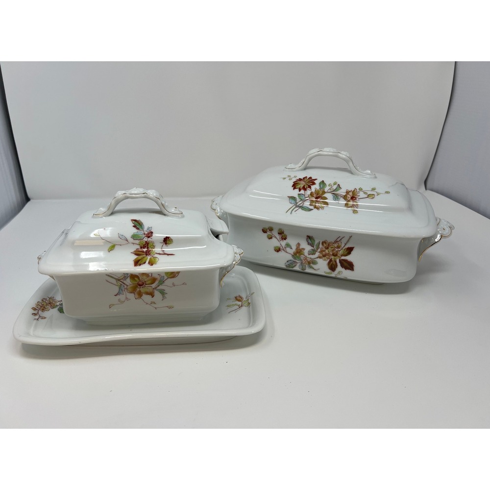 Vintage Ceramic Covered Serving Dish Floral Design with Underplate Set